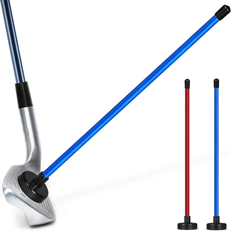 Red anodised aluminium golf swing trainer with magnetic indicator clipped onto a club shaft