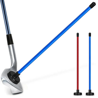 Red anodised aluminium golf swing trainer with magnetic indicator clipped onto a club shaft