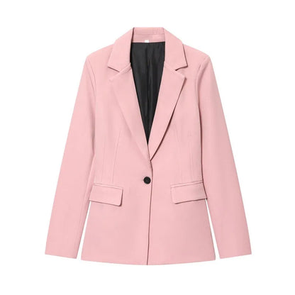Women's slim-fit two-piece suit set with long-sleeve button jacket and flared pants in black, grey, pink, or apricot, sizes XS to L