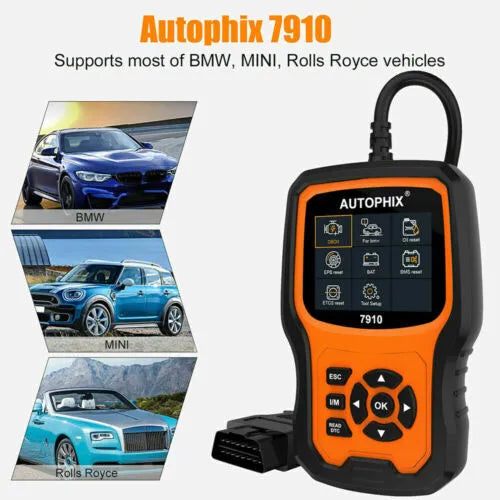 Autophix 7910 BMW full system diagnostic tool with OBD2 connector and display screen