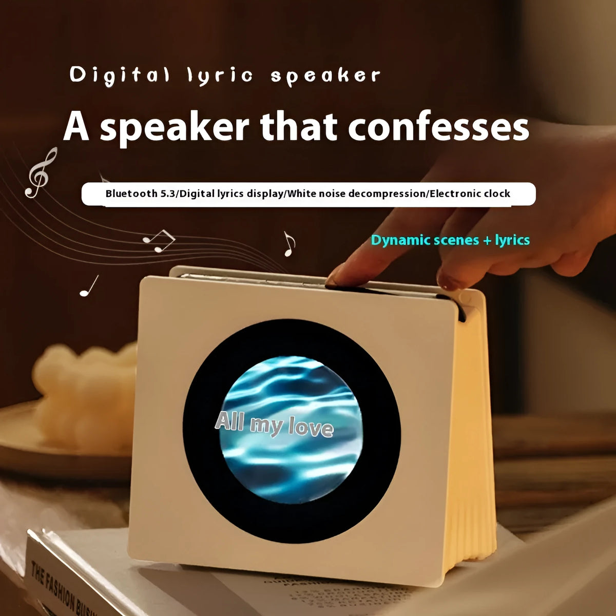 Floating lyrics Bluetooth speaker in white with lighting, 5W output, for desktop and home use