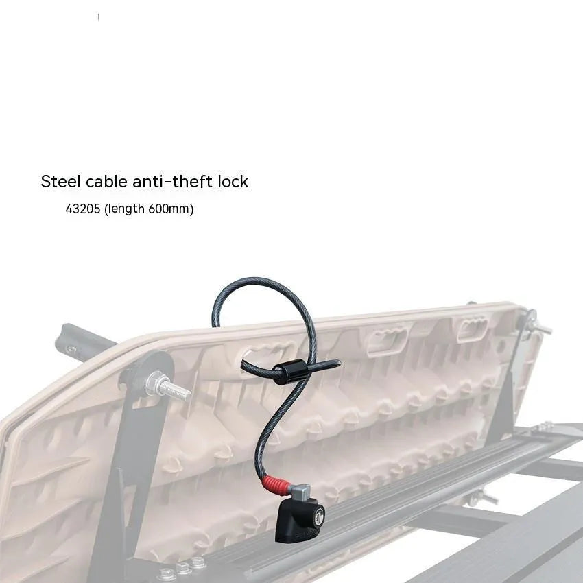 Plastic-sheathed steel cable lock for securing a kayak to a vehicle roof rack.