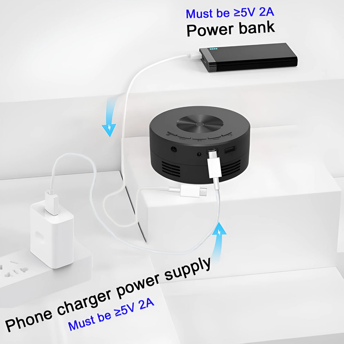 Black children's portable projector for mobile phones measuring 110x110x47mm with plug-in power cable