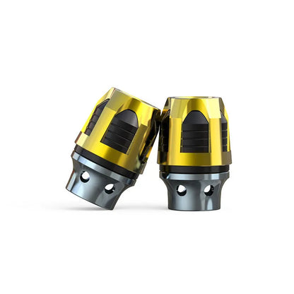 A pair of aluminium alloy fork cups with an anodised coloured finish, for motorcycle or electric car front axles.