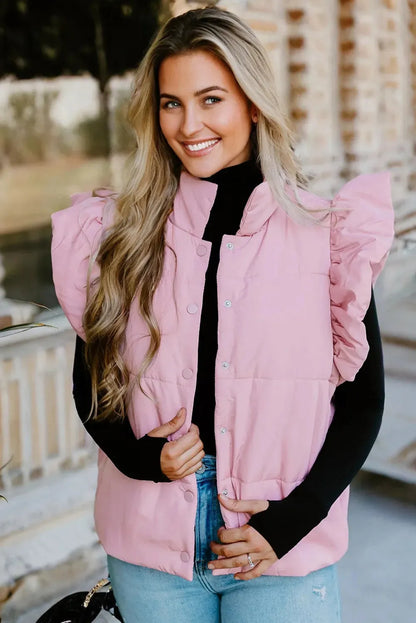 Pink stand neck puffer vest with flutter sleeves and snap button front, sizes S to XL
