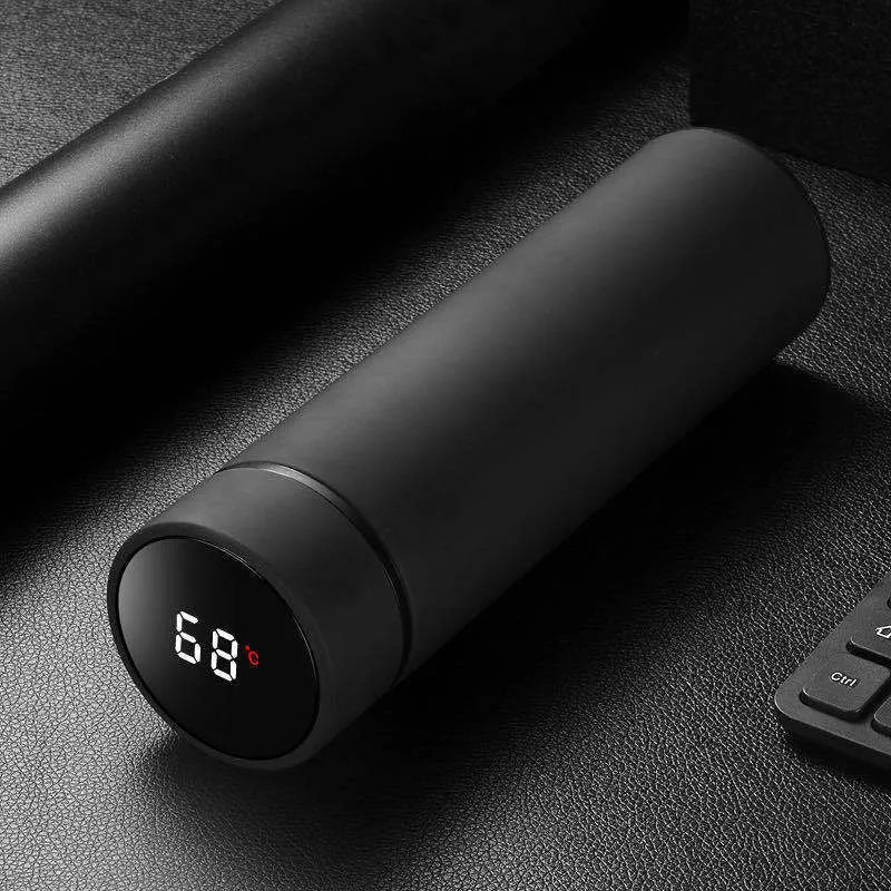 Stainless steel water bottle with double-wall vacuum insulation, shown in black, red, gold, and blue colour options.