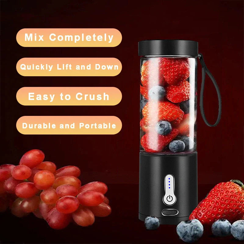 Hand operated portable blender in black, white, blue, and rose red with rechargeable battery and 530ml capacity