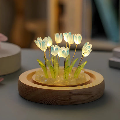 Handmade tulip night light with glass lampshade and adjustable heat shrinkable film flowers in blue, pink, or purple
