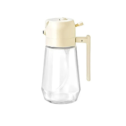470ml glass olive oil sprayer and pour bottle with ergonomic handle in beige, yellow, green, and black colour options.