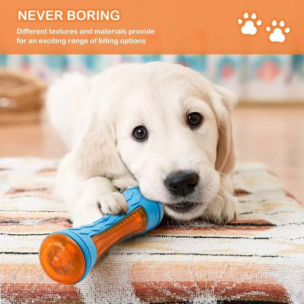 Three dog toys: blue ball, red barbell, and orange tire with bumpy textures for floating fetch games