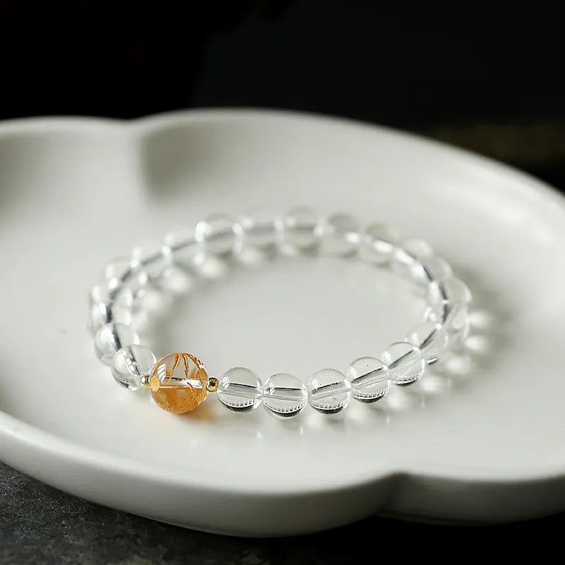 Geometric obsidian black agate white crystal bracelet with golden dragon charm on 14-16cm wrist