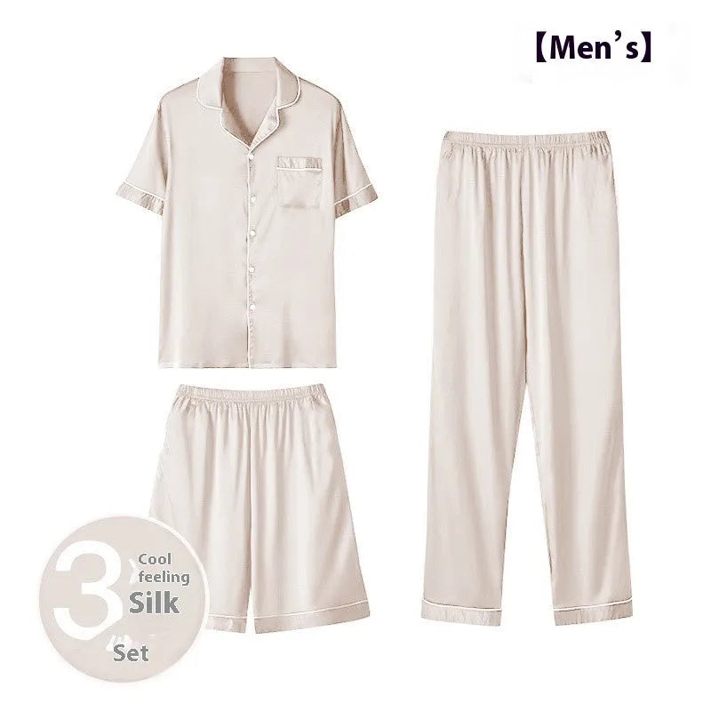 Men's black ice silk three-piece home wear set featuring a loose-fitting top with matching trousers and shorts.