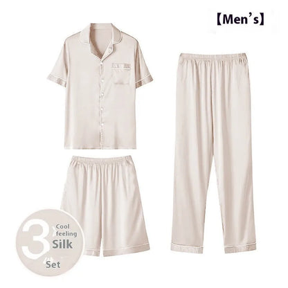 Men's black ice silk three-piece home wear set featuring a loose-fitting top with matching trousers and shorts.