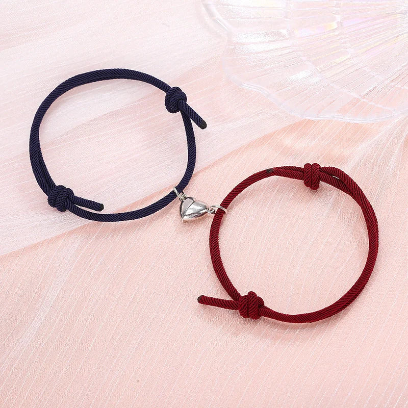Fashionable magnetic couple bracelets with heart-shaped charms in various color options