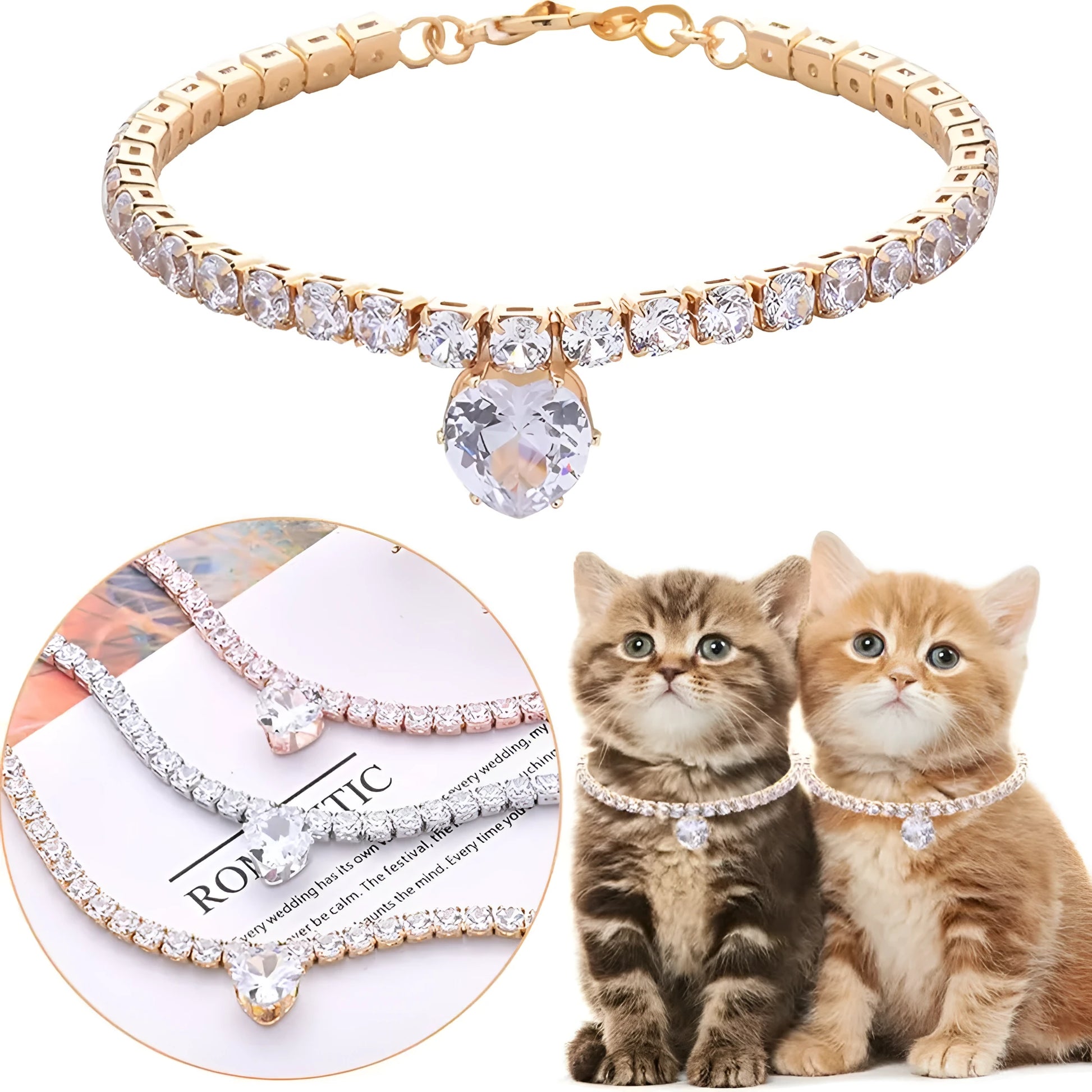 Gold heart-shaped rhinestone pet collar with adjustable chain for dogs and cats