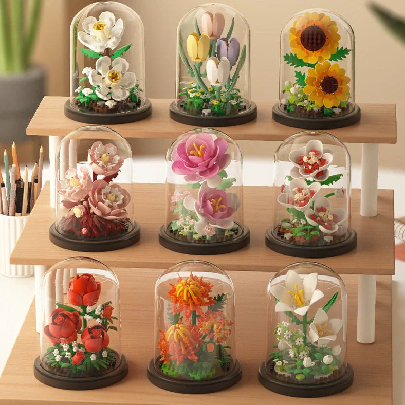 Eternal Flower Basket building blocks set with eight floral designs in colour box packaging