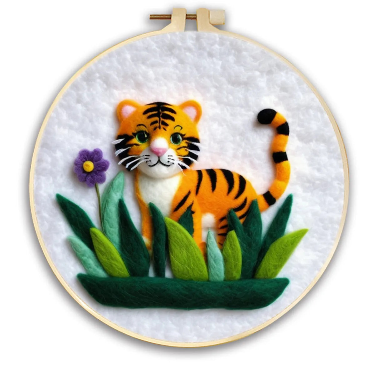 Round fabric embroidery kit with 20x20cm linen frame and wool felt for three-dimensional floral artwork