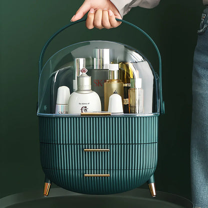 Light luxury cosmetic storage box in green ABS+PS with dustproof lid for skincare organisation