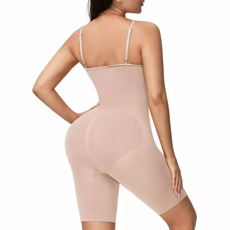 Body-shaping corset in black, skin color, or brown with belly contracting and chest support features