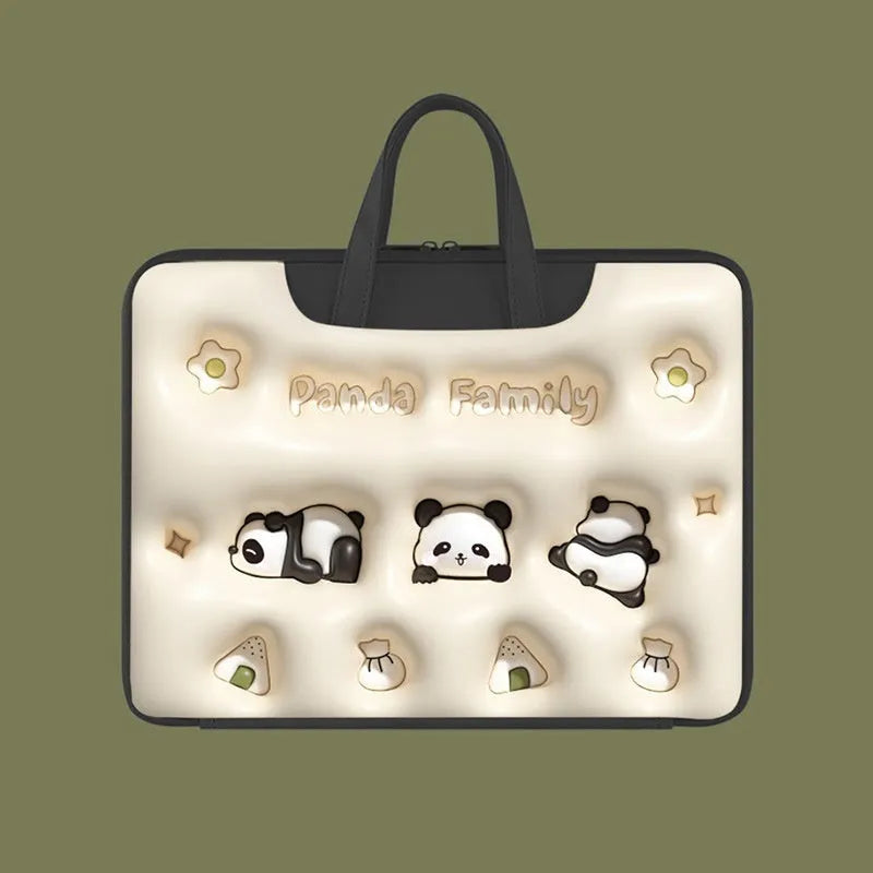 PU leather inflatable laptop bag with strap, shown in a cartoon pattern design, hanging from a suitcase handle.