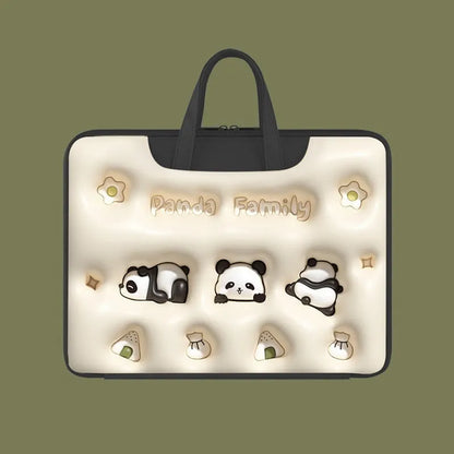 PU leather inflatable laptop bag with strap, shown in a cartoon pattern design, hanging from a suitcase handle.