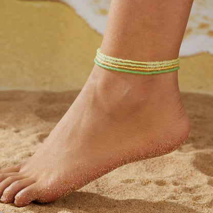 Luminous Bead Colored Beaded Anklet Bracelet with alloy inlay in purple blue and yellow green