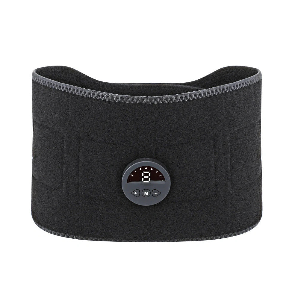 Black EMS pulse health care belt with control unit showing mode and intensity buttons, measuring 110cm with tapered width