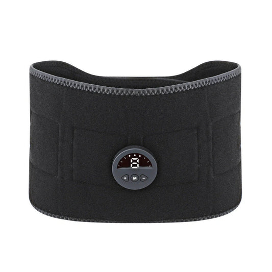 Black EMS pulse health care belt with control unit showing mode and intensity buttons, measuring 110cm with tapered width
