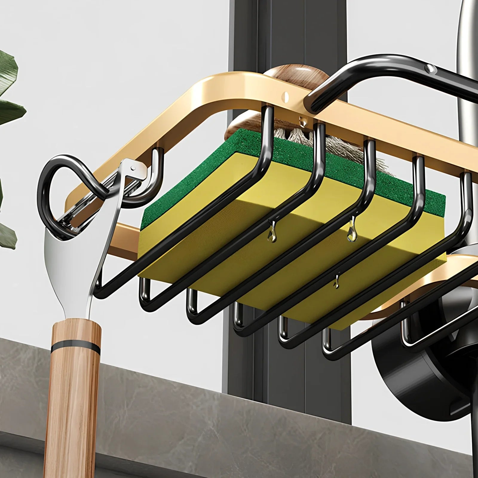 Silver aluminium kitchen storage rack with two tiers and towel rail for utensil organisation