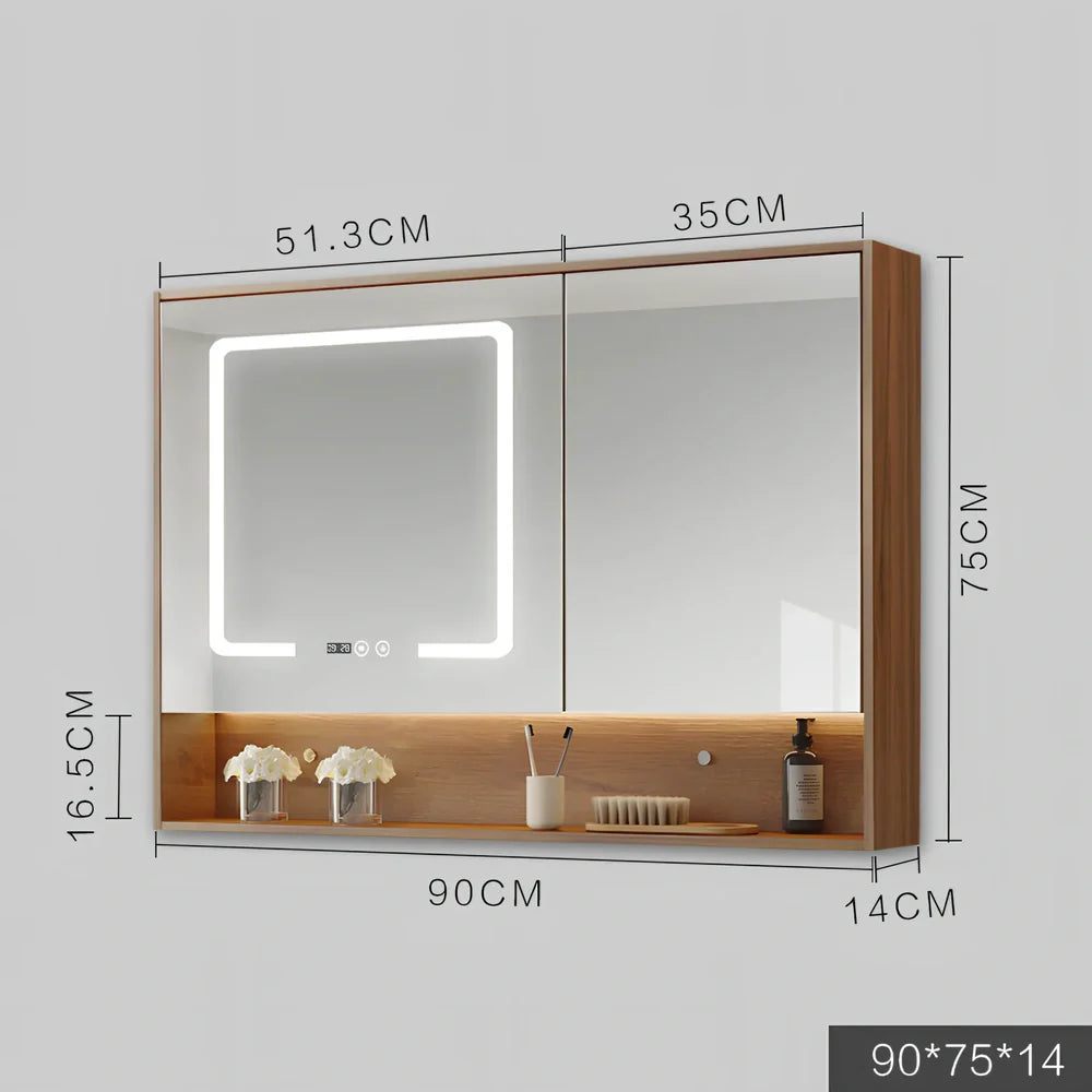 Wall-mounted bathroom mirror cabinet with LED lights and anti-fog technology in solid wood construction