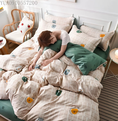 Aloe cotton bedding set with cartoon patterns, available in four colours for UK bed sizes 0.9m to 2.2m