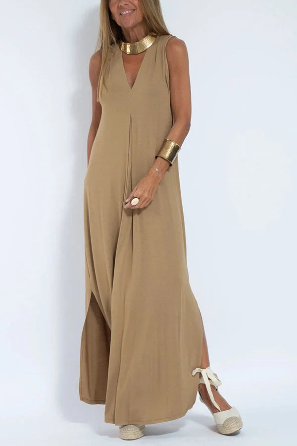 Women's V-neck sleeveless dress and long cardigan jacket set in solid colors