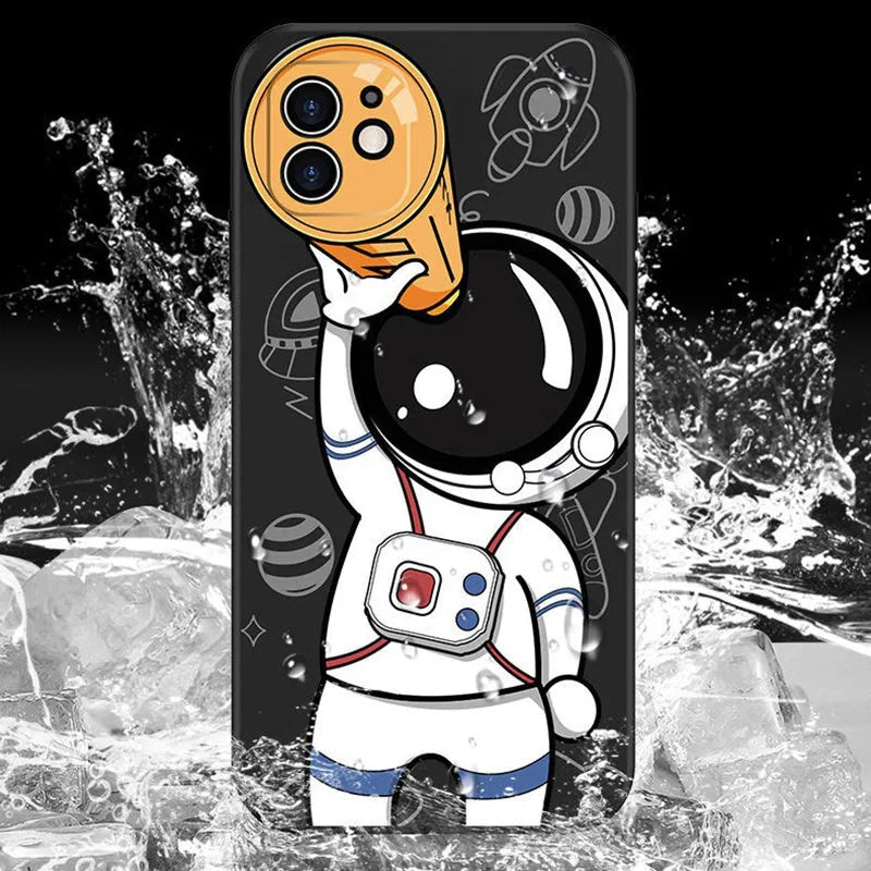 Cartoon Astronaut Creative Planet Silicone Phone Case compatible with iPhone 12, 11, XS, XR, 7 & 8 models featuring telescope or buttress astronaut design on classic black, khaki or sea blue silicone back cover with painted craft detailing