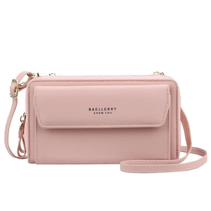 Ladies long wallet double zipper messenger bag in soft PU leather, shown in available colours