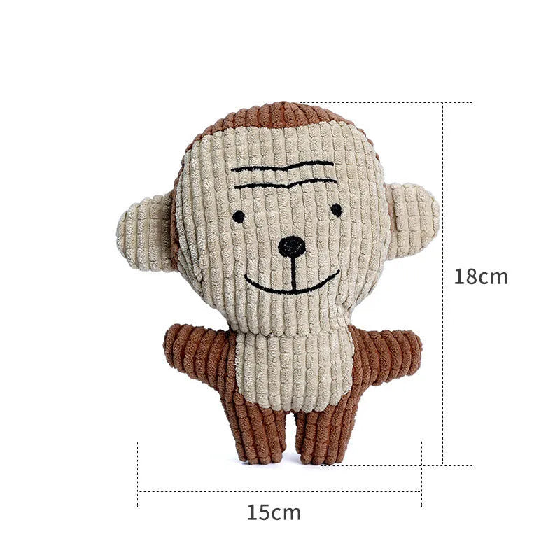 Animal shaped plush dog chew toy with squeaker in bright colours