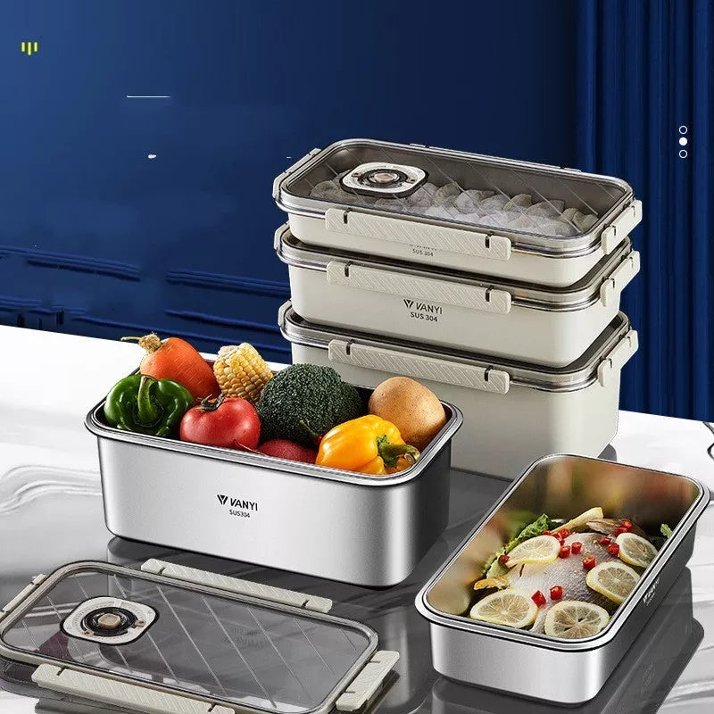Stainless steel food storage box with date tracker for refrigerator organization