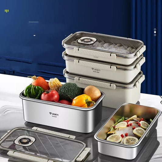 Stainless steel food storage box with date tracker for refrigerator organization