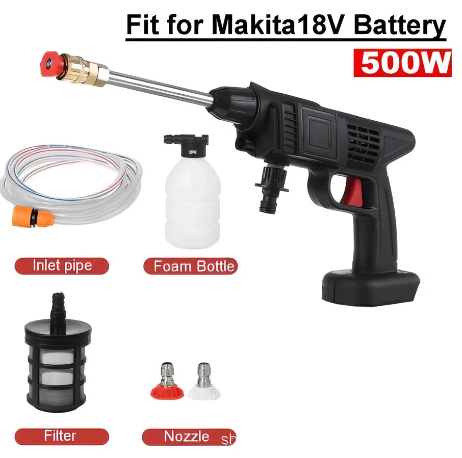 Cordless electric car washing machine with aluminium alloy head and ABS handle, showing nozzle attachments