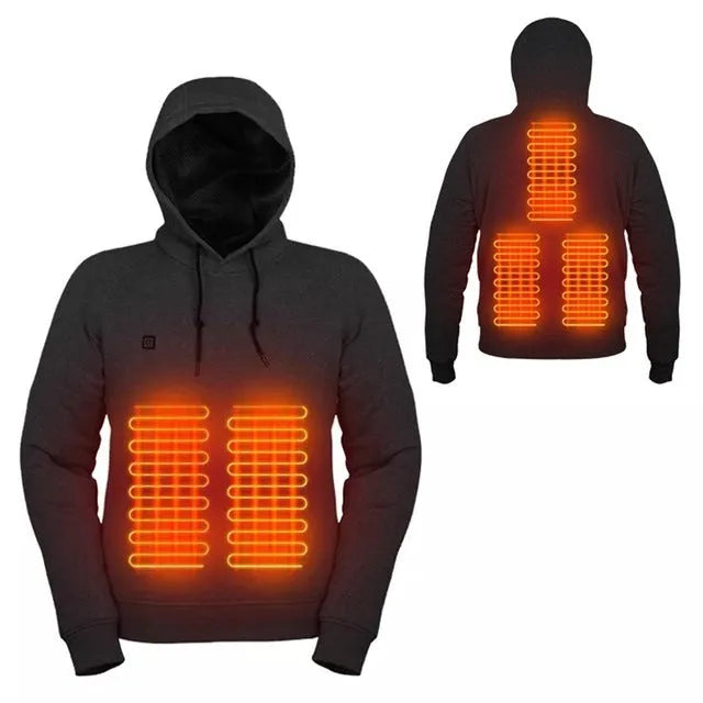 USB heated hoodie in black or grey, polyester, sizes M to 3XL, with included power bank for winter outdoor warmth.