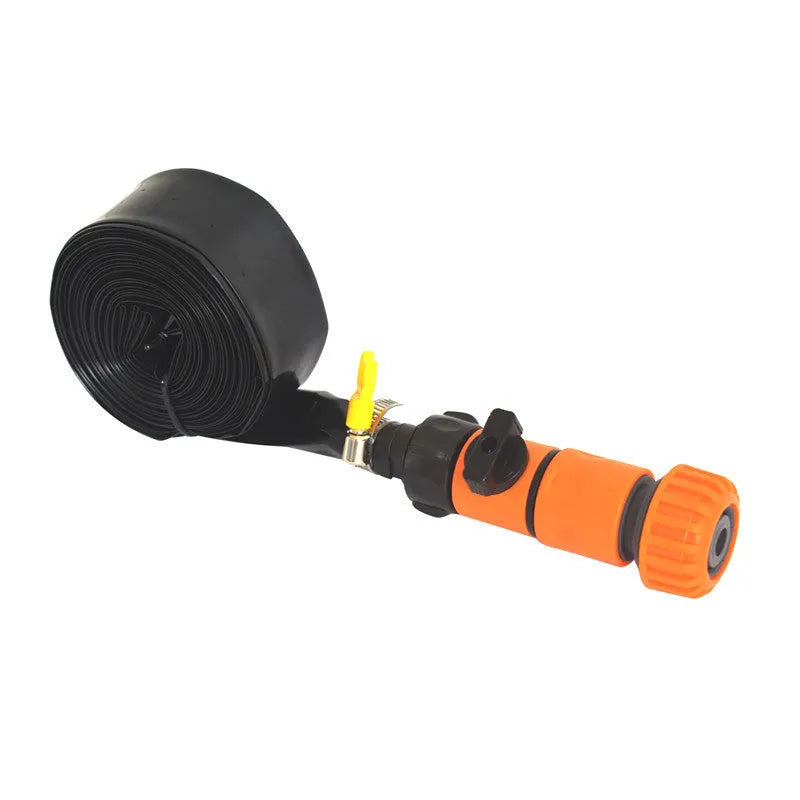 Portable plastic garden sprinkler with solar water cooling in blue and orange colours, showing 8m, 12m, 15m length options