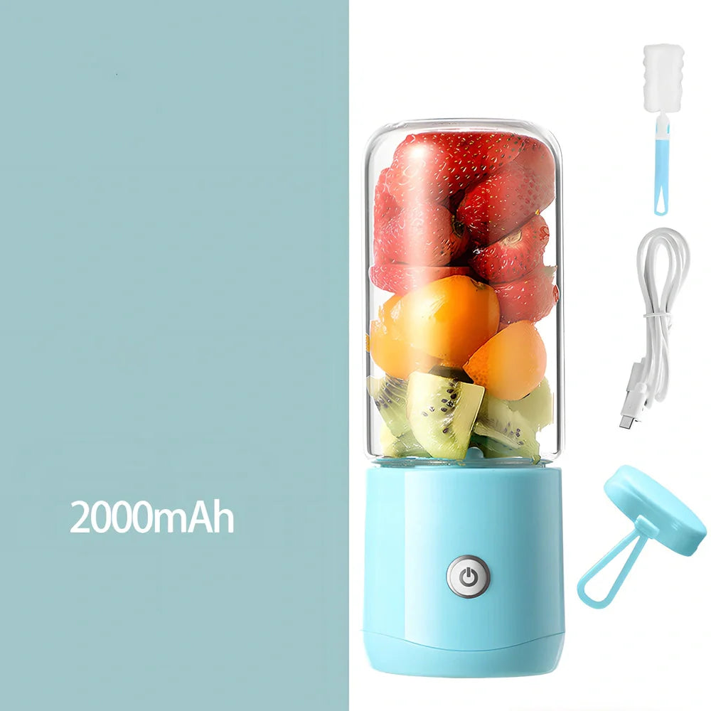 Mini electric portable juice machine with USB cable and six-blade stainless steel design in dark green colour