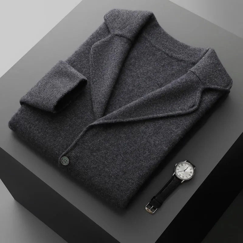 Men's cashmere blend lapel cardigan sweater in light grey showing loose fit and thickened knit construction