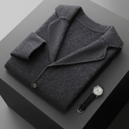 Men's cashmere blend lapel cardigan sweater in light grey showing loose fit and thickened knit construction
