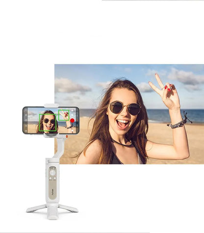 Black or white three-axis mobile phone gimbal stabiliser showing compact folded size.