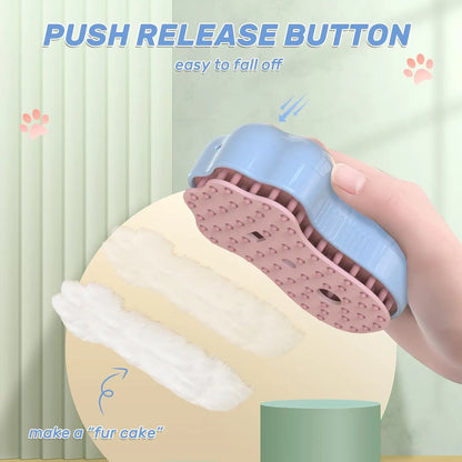 Self-cleaning cat steam brush with silicone bristles, blue light, and rechargeable spray for pet grooming