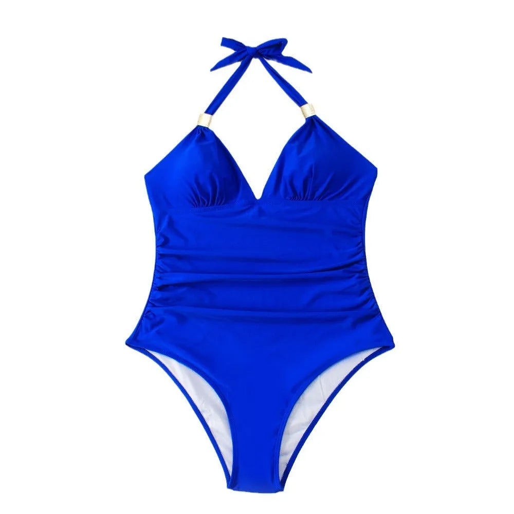 Women's one-piece quick-dry swimsuit in conservative style, shown in multiple colour options.