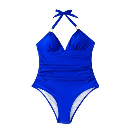 Women's one-piece quick-dry swimsuit in conservative style, shown in multiple colour options.