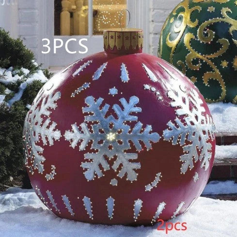 Vibrant, inflatable Christmas ornaments in various holiday designs for outdoor decoration