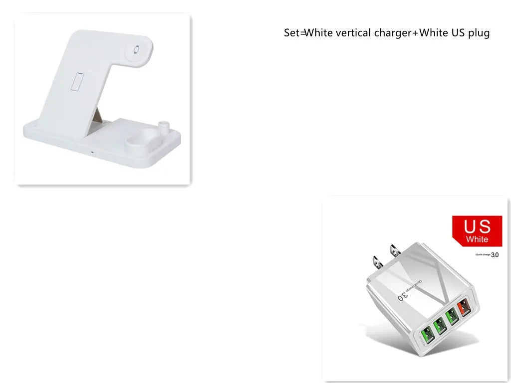 4-in-1 wireless charging station with adjustable magnetic stand charging phone, watch, AirPods, and Apple Pencil