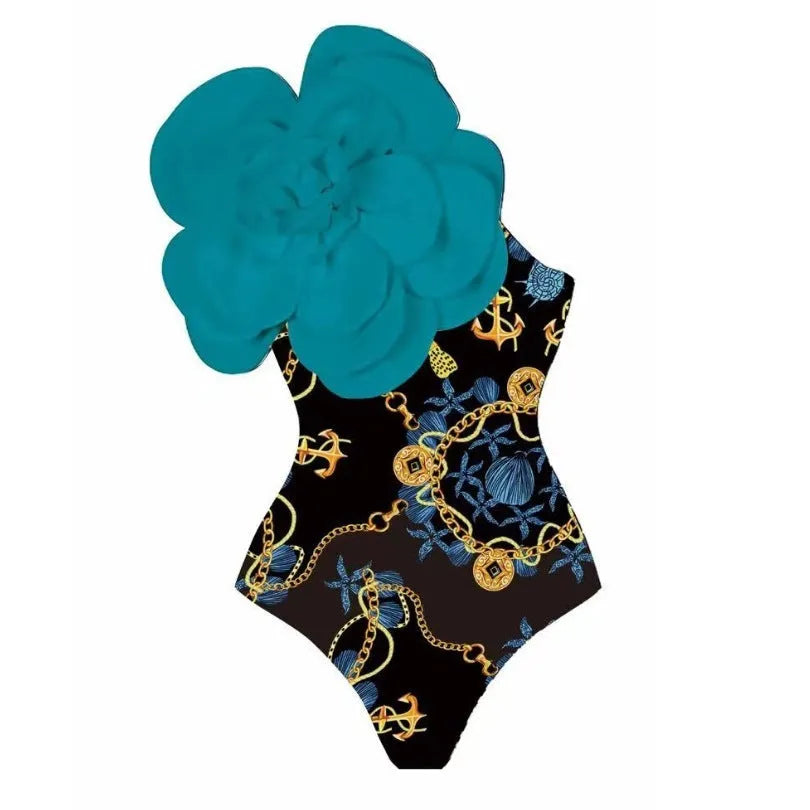 Women's polyester one-piece swimsuit in floral print with wrap skirt styling option